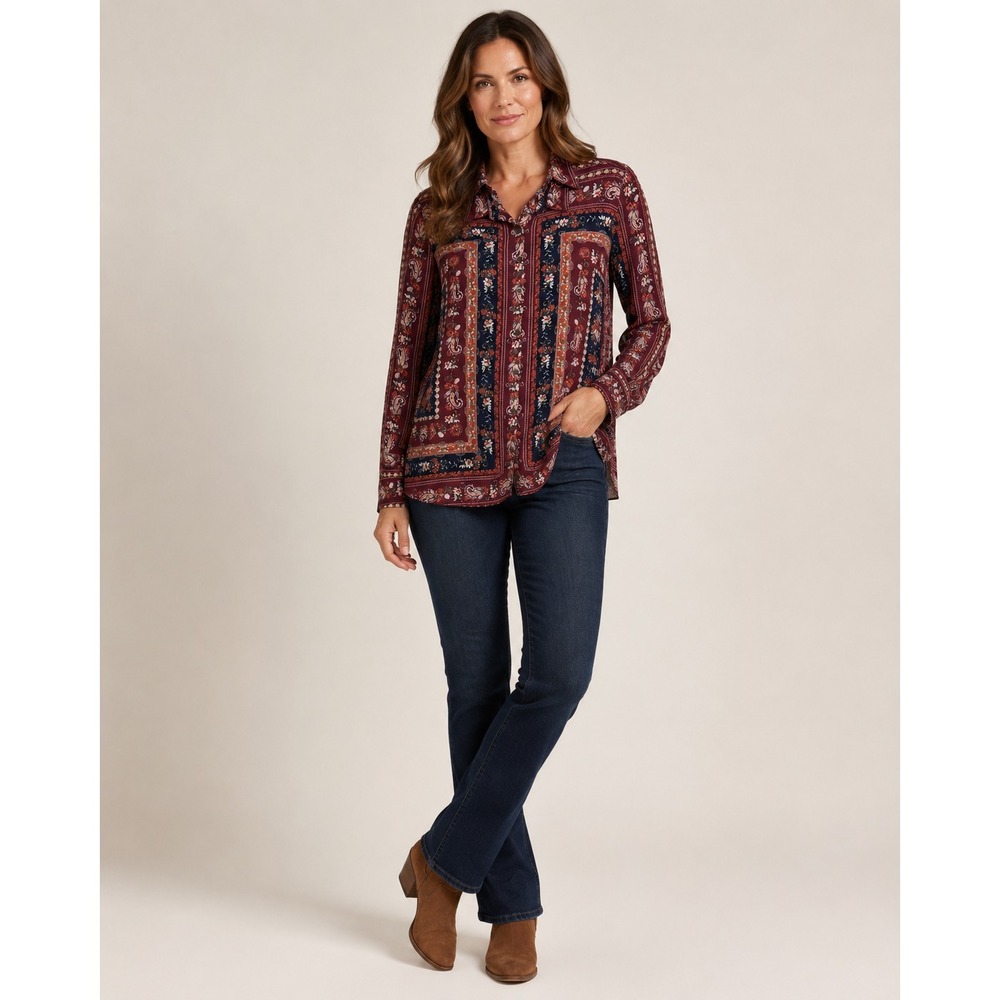 Vintage Y2K Dressbarn Sheer Button Front Shirt Medium Red Country Handkerchief